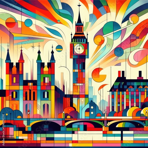 English abstract London with famous architecture. Vibrant abstract geometric pop art illustration.
