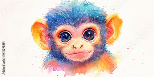 A watercolor painting of a cute baby monkey with big eyes.