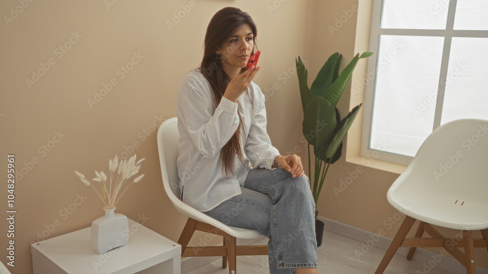 A young attractive hispanic woman in a casual outfit sends a voice message while sitting in a waiting room with modern decor including plants and white chairs by a large window. A young attractive hispanic woman in a casual outfit sends a voice message while sitting in a waiting room with modern decor including plants and white chairs by a large window.