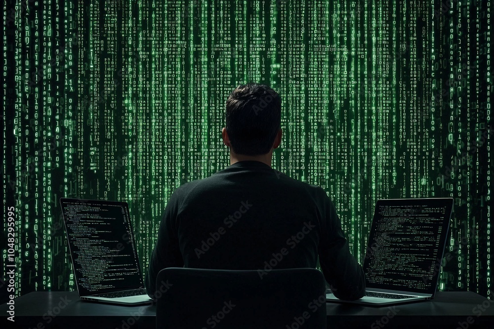 Developer writing HTML code with a green matrix-style background, hacker-like aesthetic, advanced coding scene. Developer writing HTML code with a green matrix-style background, hacker-like aesthetic, advanced coding scene.