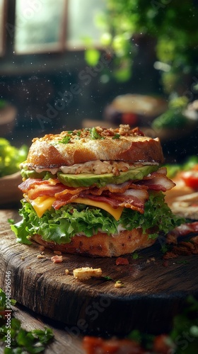 A hearty sandwich with layers of turkey, bacon, cheese, and fresh vegetables ...