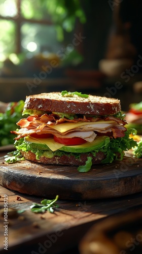 A hearty sandwich with layers of turkey, bacon, cheese, and fresh vegetables ...