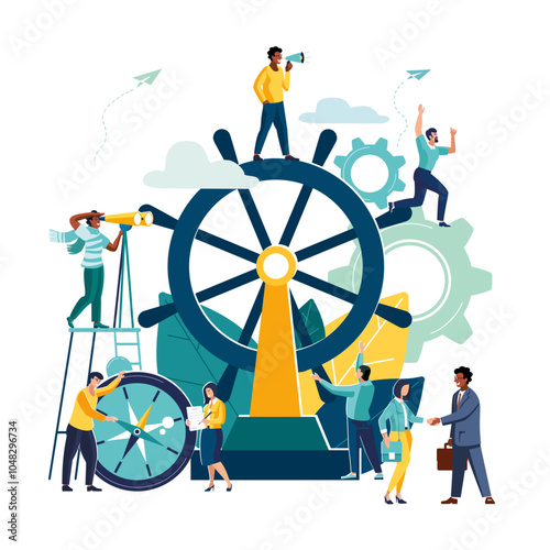 Vector illustration of business, leadership qualities in a creative team. Direction to a successful path, teamwork to launch a startup. African American man with loudspeaker, Business people, contract