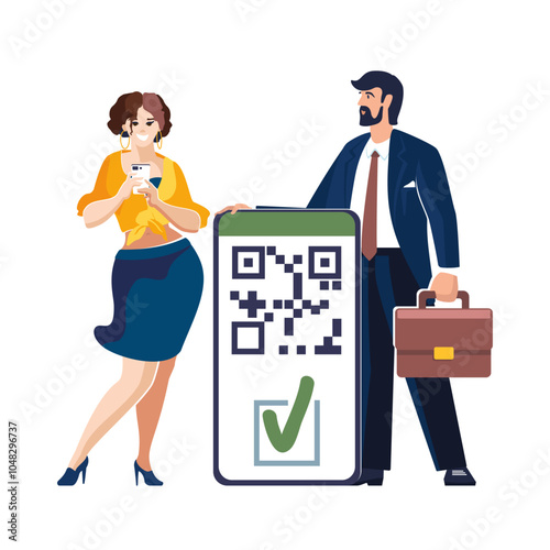 Web Business people. Young people show the registration certificates on the Qr-code in the screen of the mobile phone. Concept of digital business pass. Illustration flat isolated on white background