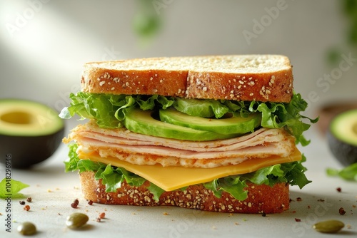 Freshly made turkey and cheese sandwich with avocado and lettuce on whole gra...