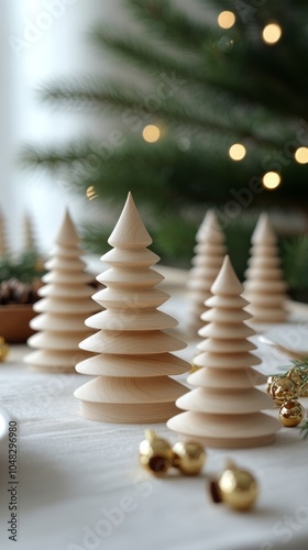 Decorative wooden Christmas trees with golden ornaments on a festive table du...