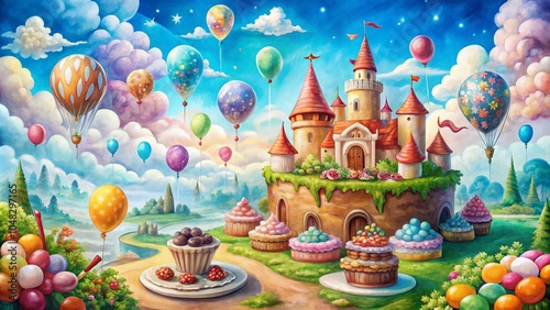 Sweet Dream Watercolor Illustration - Fun Holiday Confectionery with Cake, Candy, Balloons, and Ice Cream for Birthday