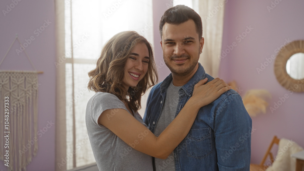 Couple smiling and embracing in a cozy indoor home setting with soft natural light entering through a large window Couple smiling and embracing in a cozy indoor home setting with soft natural light entering through a large window