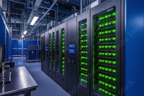 Modern server room with illuminated racks and advanced technology in a data c...