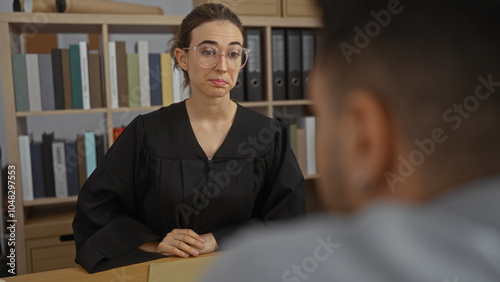 Photography Woman judge talking to accused man in a courtroom setting with shelves of books