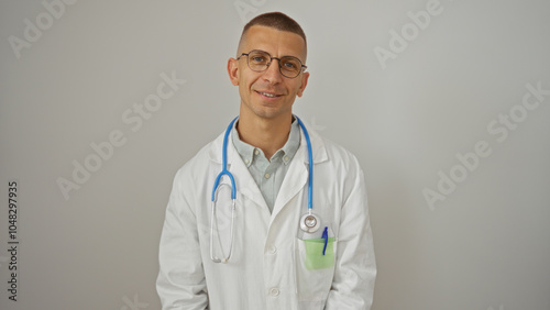 Young, attractive, male doctor in a white coat with glasses and a stethoscope smiling against an isolated white background