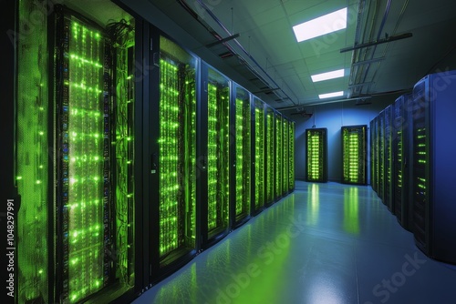 Modern server room with illuminated racks and advanced technology in a data c...