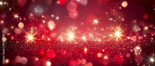 Vibrant Red Sparkling Background with Glowing Bokeh Lights and Starbursts Perfect for Celebratory Themes, Holiday Decor, or Elegant Designs