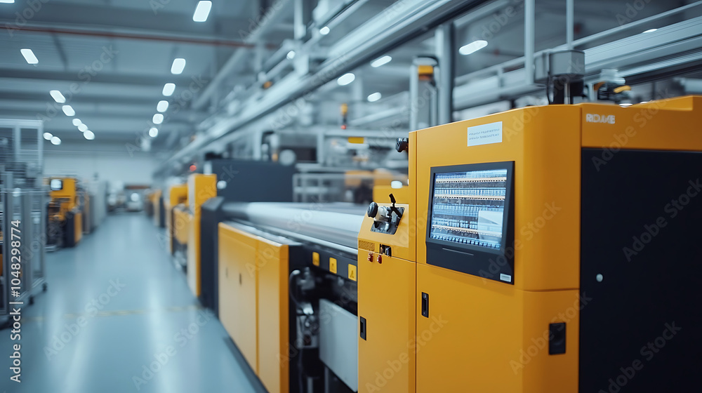 High-speed printing machinery with automated controls printing colorful designs in a modern press room High-speed printing machinery with automated controls printing colorful designs in a modern press room