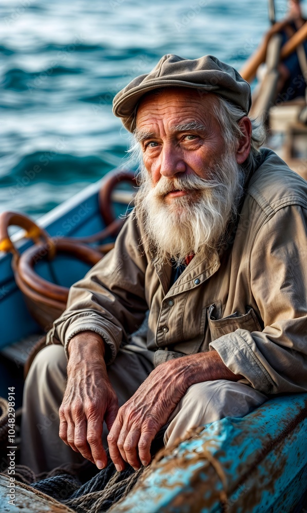 Obraz premium Close-up of a veteran fisherman in his typical Mediterranean fishing boat