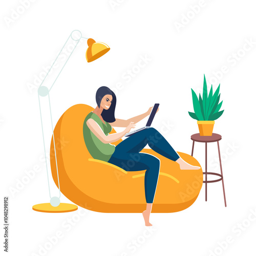 Work at home, coworking, illustration concept. Freelancer girl working on a laptop at home, sitting on a pillow. People at home are self-employed. Active recreation, work. Vector flat style, desk lamp