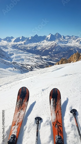 Ski equipment poised on a snowy mountain slope in a breathtaking winter lands...