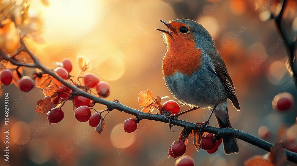 Vibrant Red-Breasted Robin Singing on a Branch in a Natural Green Environment Captured in Detail Vibrant Red-Breasted Robin Singing on a Branch in a Natural Green Environment Captured in Detail