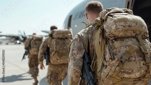 Soldiers equipped with gear march resolutely towards a military aircraft under a bright sky. photo