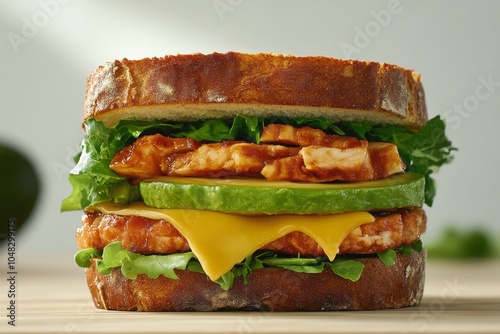 Freshly made turkey and cheese sandwich with avocado and lettuce on whole gra...