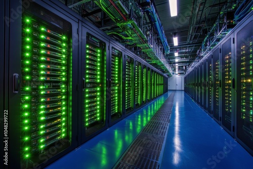 Modern server room with illuminated racks and advanced technology in a data c...