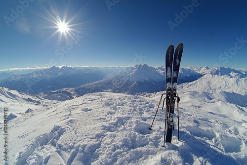 Ski equipment rests on snow covered peak with breathtaking mountain view in t...
