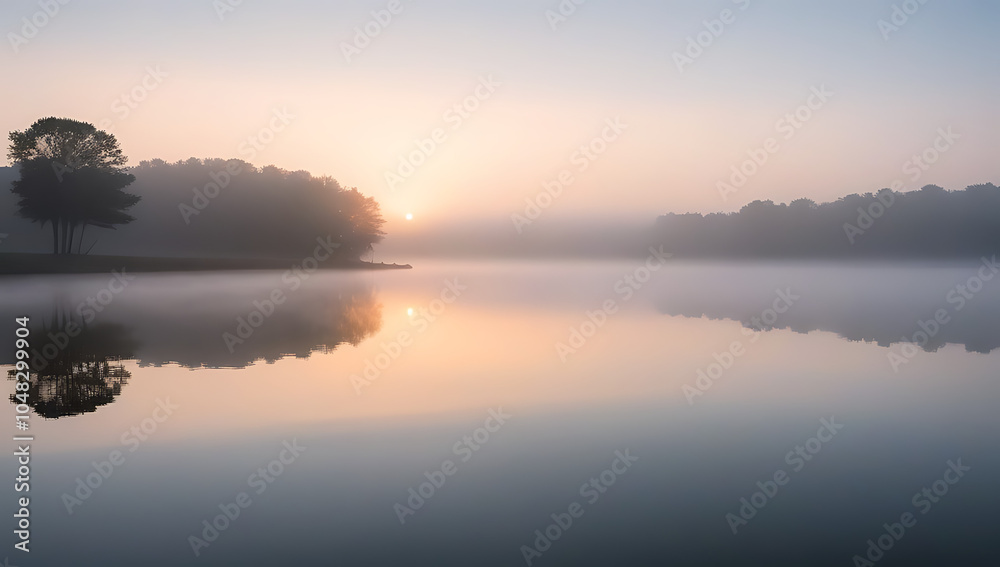 Fototapeta premium sunrise lake fog sky reflecting rural creek misty pond scene