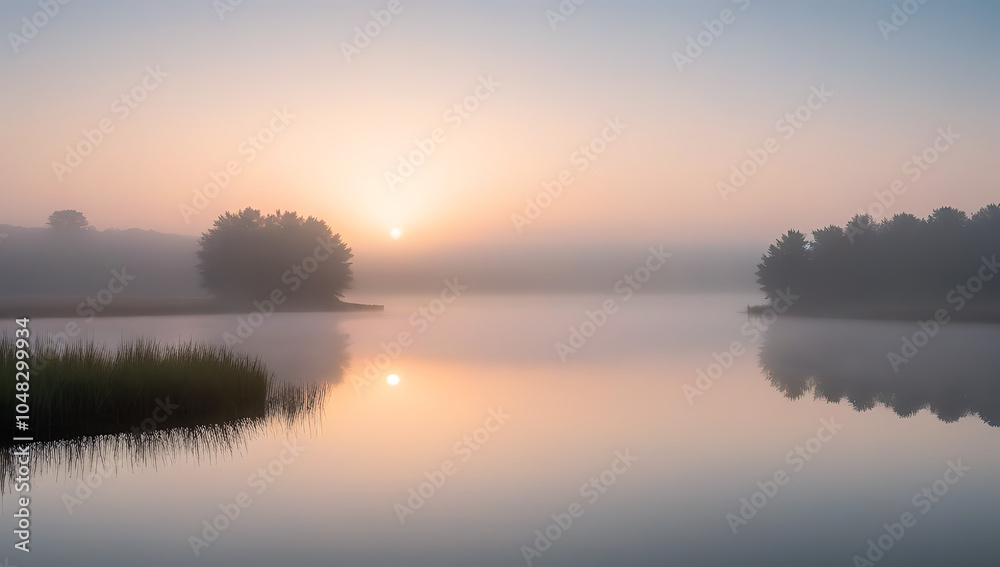 sunrise lake fog sky reflecting rural creek misty pond scene sunrise lake fog sky reflecting rural creek misty pond scene