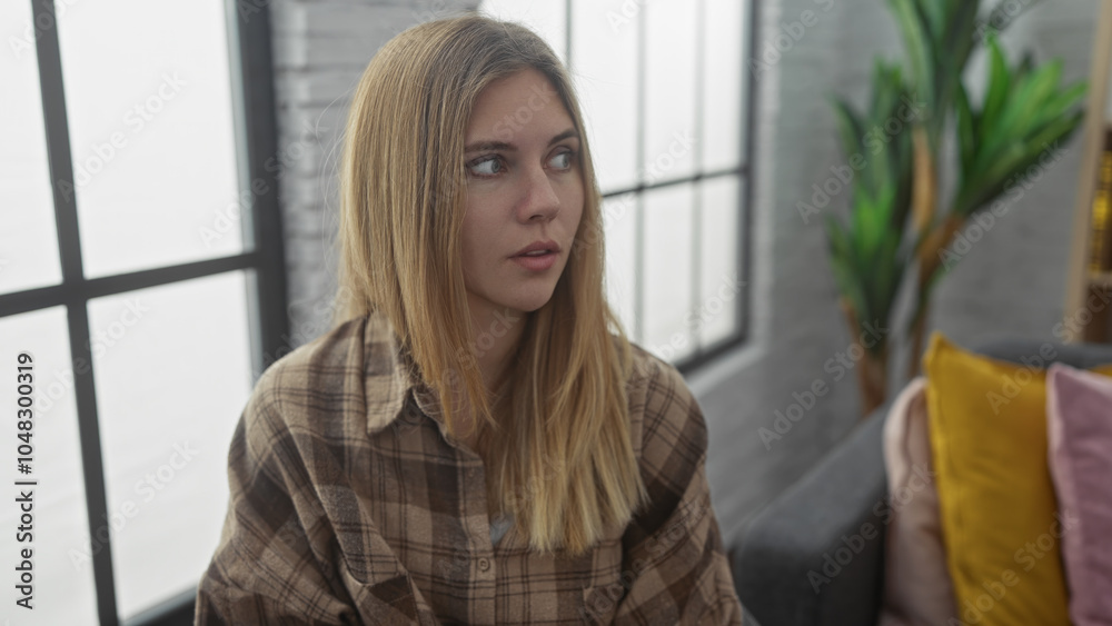 Pensive young blonde woman in casual plaid shirt sitting indoors at home on a sofa with a plant in background. Pensive young blonde woman in casual plaid shirt sitting indoors at home on a sofa with a plant in background.