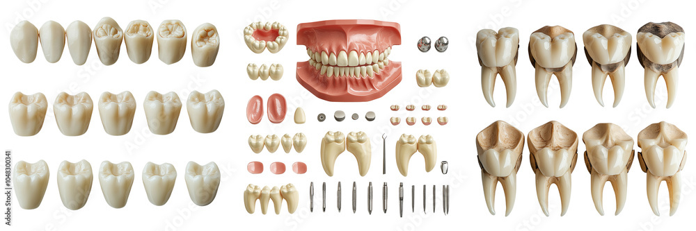Obraz premium Dental anatomy and tools for educational purposes on a transparent background