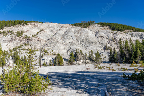 Roaring Mountain is a large, acidic thermal area (solfatara) that contains many steam vents (fumaroles). Yellowstone National Park , Wyoming.  Acid sulfate（Steam heated).  Hydrothermal System photo