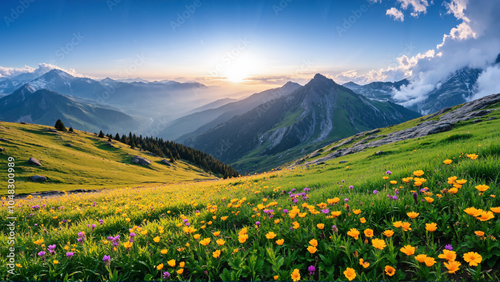 A vibrant mountain landscape at sunrise, featuring colorful wildflowers in the foreground, lush green hills, and towering peaks with clouds and sunlight breaking through. A vibrant mountain landscape at sunrise, featuring colorful wildflowers in the foreground, lush green hills, and towering peaks with clouds and sunlight breaking through.