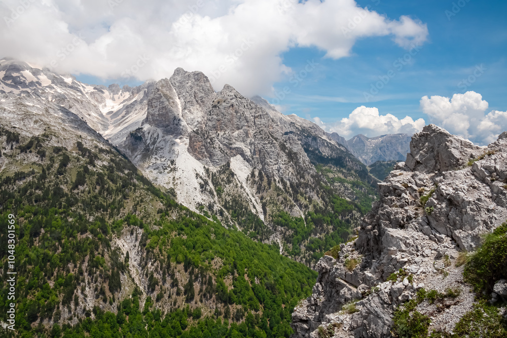 Scenic hiking trail surrounded by majestic steep mountain ridges of Albanian Alps (Accursed Mountains). Crossing high altitude pass between Valbone Valley and Thethi National Park, Albania. Wanderlust Scenic hiking trail surrounded by majestic steep mountain ridges of Albanian Alps (Accursed Mountains). Crossing high altitude pass between Valbone Valley and Thethi National Park, Albania. Wanderlust