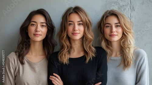 Three women with long hair are standing next to each other