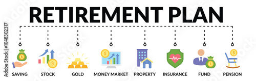 Banner of retirement plan web vector illustration concept with icons of saving, stock, gold, money market, property, insurance, fund, pension

