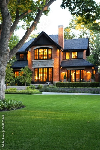 Mature trees and a manicured lawn enhance this stylish suburban home.