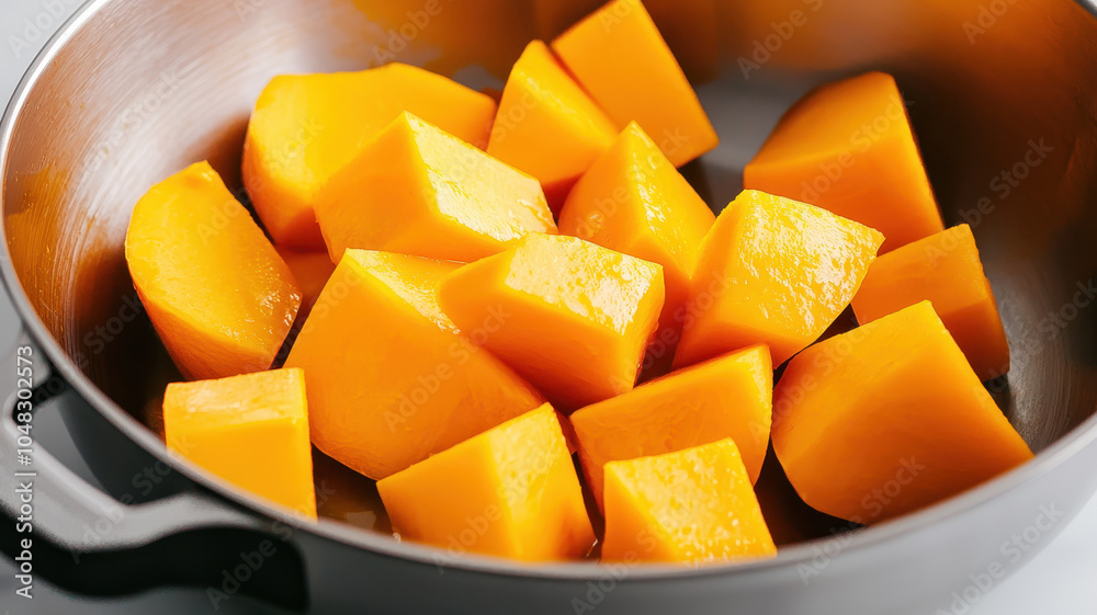 Chopped orange squash in a pot, ready for cooking. Chopped orange squash in a pot, ready for cooking.