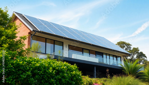 House with solar panels on the roof. Sustainable and clean energy at home, created with generative ai