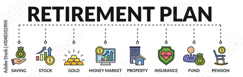 Banner of retirement plan web vector illustration concept with icons of saving, stock, gold, money market, property, insurance, fund, pension
