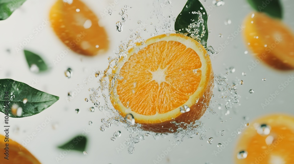 A white background with orange slices and green leaves splashing in the water, creating an abstract design A white background with orange slices and green leaves splashing in the water, creating an abstract design