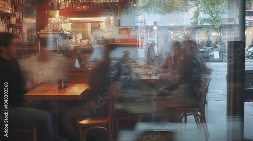 Blurred View of People Sitting in a Cafe with a City Street View Through the Window