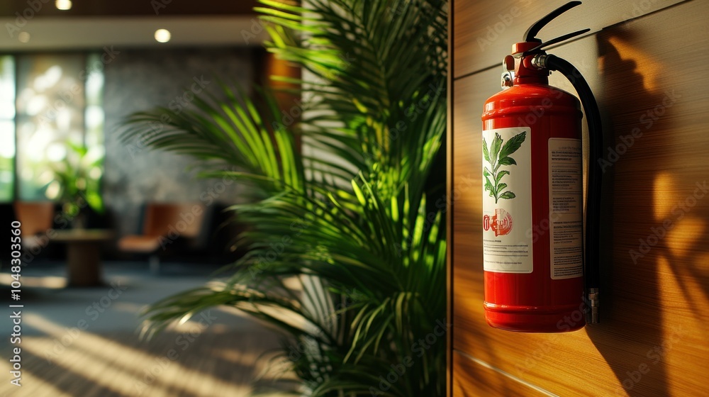 Red Fire Extinguisher Mounted on Wooden Wall in Office Setting Red Fire Extinguisher Mounted on Wooden Wall in Office Setting