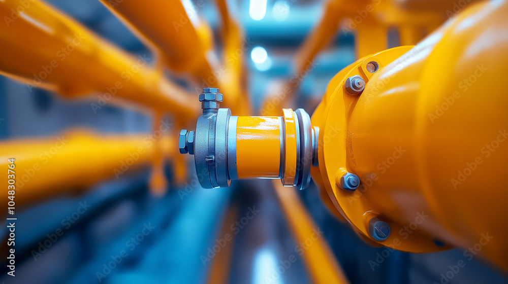 Close-up of a yellow industrial pipe with a silver valve. Close-up of a yellow industrial pipe with a silver valve.