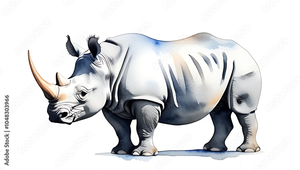 Fototapeta premium watercolor rhinoceros clean white background blending abstract strokes realism