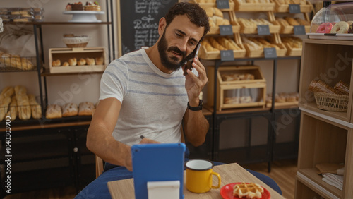 Young man with beard talking on phone while working on tablet in cozy bakery with bread shelves