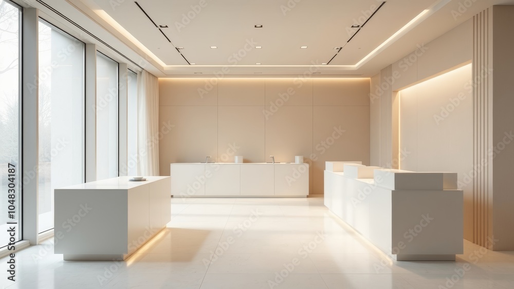 Elegant Minimalist Bank Interior with Sleek Counters and Soft Lighting Elegant Minimalist Bank Interior with Sleek Counters and Soft Lighting