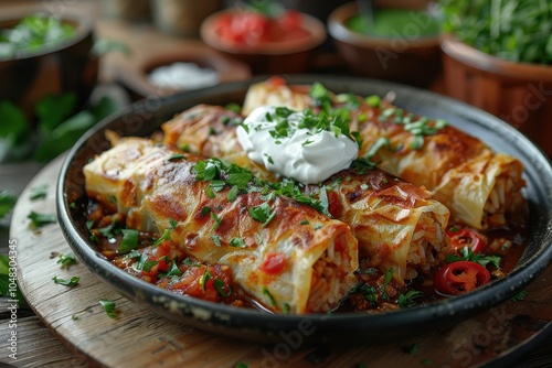 A serving of golubtsy, cabbage rolls stuffed with rice and meat, topped with tomato sauce and sour cream.