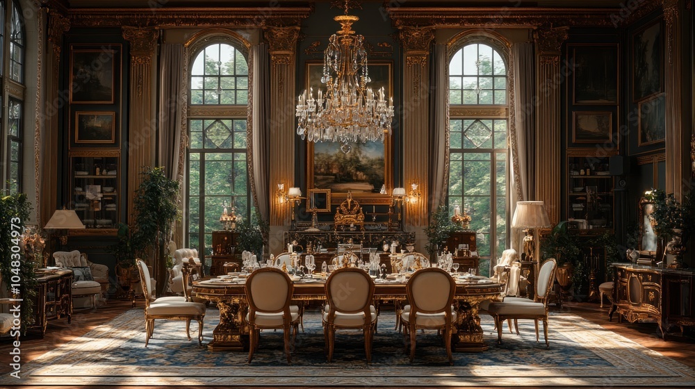 Fototapeta premium A grand dining room with a large table set for a formal dinner, with a crystal chandelier hanging from the ceiling and tall windows overlooking a lush garden.
