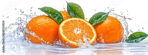 A white background with orange slices and green leaves splashing in the water, creating an abstract design