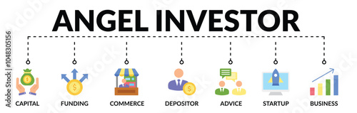 Banner of angel investor web vector illustration concept with icons of capital, funding, commerce, depositor, advice, startup, business
